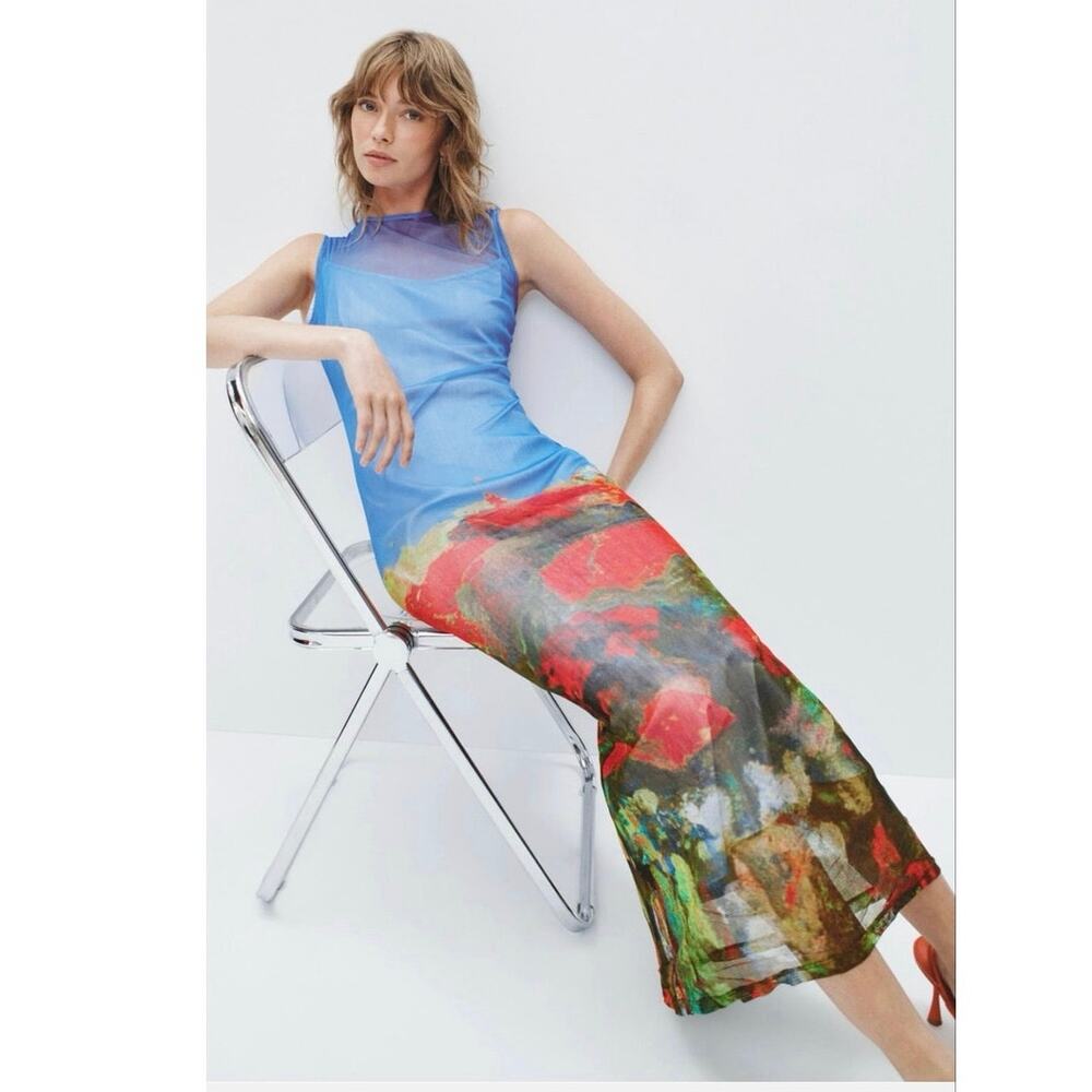 WYNN HAMLYN Blue Red Sleeveless Rose Fields Mesh Maxi Dress size US 2